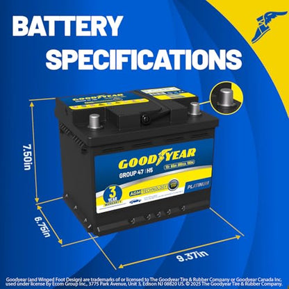 Goodyear 47-H5-AGM BCI Group Size 47 12V 60 AH, 100RC, 680 CCA Platinum series Rechargeable AGM Maintenance Free Automotive Battery