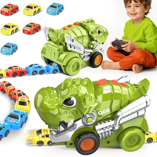 Intoypad RC Dinosaur Eating Car Toys for Kids, 2.4GHz Dino Remote Control Car Toy with 6 Magnetic Cars & Music Dino Truck Birthday Gifts Toys for 3 4 5 6 7 8 9 10 11 12 Year Old Boys Girls (Green) - color: Green