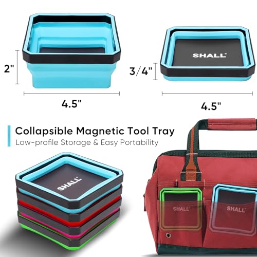 SHALL New Version Collapsible Magnetic Parts Tray Set, 4-Pack Magnetic Tool Trays for Screw Bolts Nuts Washers Pins & Small Metal Parts, 4.5” Square Silicone Foldable Bowls w/Dual-Sided Magnetic Base