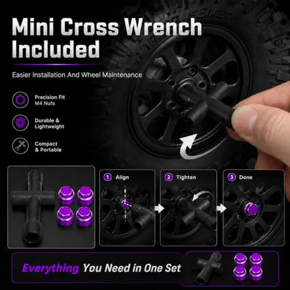 4PCS M4 RC Wheel Nuts, Dustproof Rim Center Cap Hub Nuts for 1/10 TRX4 | Aluminum Wheel Center Cap Nuts with Mini Cross Wrench for TRX4 TRX6 SCX10 SCX10 II D90 Redcat Tamiya HPI 1/10 RC Car, Purple - color: Purple