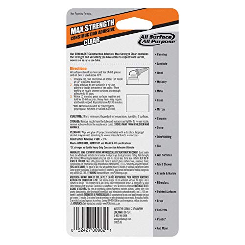 Gorilla Max Strength Construction Adhesive, 2.5 oz (Pack of 3), Clear, Waterproof for Quick Fixes Touch Ups, Bonds Wood Metal Glass Tile Stone Drywall, Indoor Outdoor Gap-Filling Paintable - size: 2.5oz (Pack of 3), style: 1 Pack
