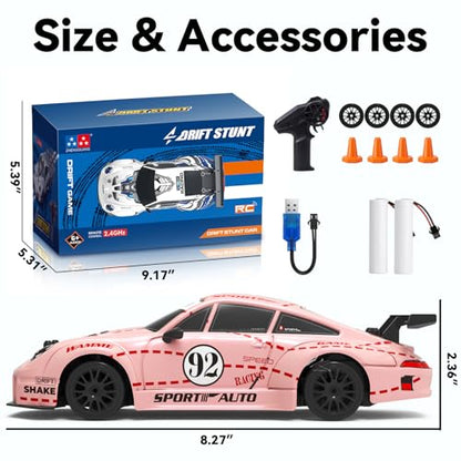 1:24 4WD RC Drift Car Dual Batteries - Pink | 2.4GHz, LED, 2 tire sets, 2 speeds, 25-30min per battery, USB charge, cones+tool, PC shell, great for indoor play & gift - color: Pink