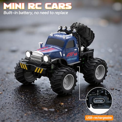Snugzy Mini RC Car 1:64 Scale RC Truck for Kids with Trailer 2.4Ghz Remote Control Rechargeable RC Cars Toy Gifts for Boys Girls Adult (Blue) - color: Blue