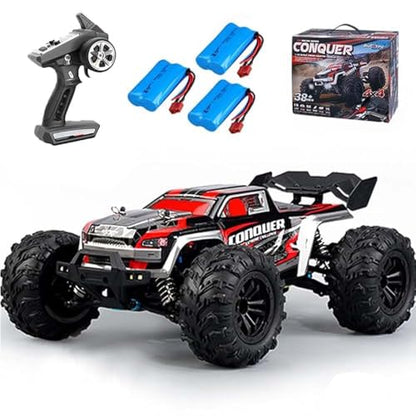 1:16 Fast RC Cars, 50km/h Carbon Brush Motor High Speed RC Car for Adults, 4WD Waterproof Monster Truck, 2.4GHz All Terrain Off-Road, 3 Batteries, Red - color: 16102,3 Batteries,red