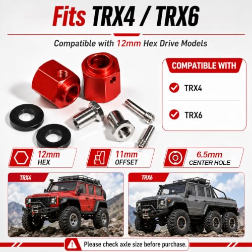 4PCS 12mm Hex Hub 11mm Offset Wheel Hex Extension for Traxxas TRX4 TRX6 | CNC Metal Wheel Spacer for RC Crawlers Helps Increase Track Width and Side-Hill Stability Reduce Vibration Add Tire Clearance - color: red