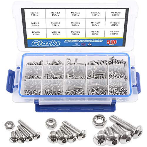 Glarks 510Pcs M3 M4 M5 304 Stainless Steel Allen Hex Drive Button Head Socket Cap Bolts Screws Assortment Kit - size: Hex Button Head Cap Screws Set
