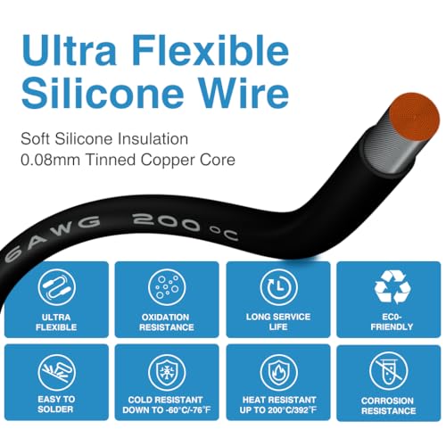 BNTECHGO 6 Gauge Silicone Wire Black 50ft Stranded Tinned Copper Wire | Flexible 6 AWG Stranded Wire Silicone Rubber Insulation For RC Models, Drone, Robot, Battery, EV Charger, 3D Printer, DIY - size: 50ft Black
