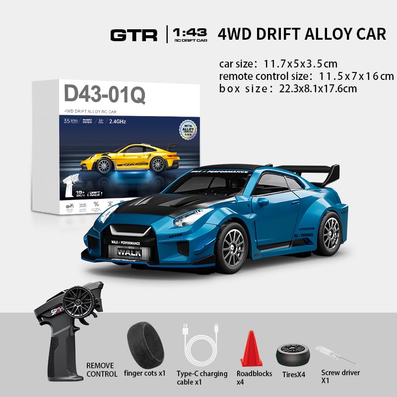 1:43 RC Drift Car 20KM/H with Gyro, 2.4G 4WD Full Proportional Alloy Sport Racing Car, Adjustable Speed, LED Lighting for Teens & Adults-D43-02 - color: Q7/Metallic Blue