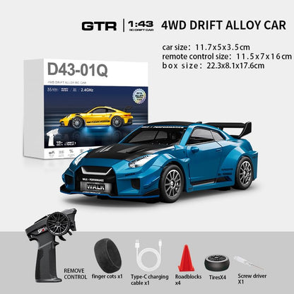1:43 RC Drift Car 20KM/H with Gyro, 2.4G 4WD Full Proportional Alloy Sport Racing Car, Adjustable Speed, LED Lighting for Teens & Adults-D43-02 - color: Q7/Metallic Blue