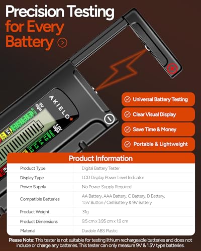 AKIELO+ Digital Battery Tester – Easy Read LCD Display – No Battery Required – Universal Household Battery Checker for Size AA AAA C D 9V 1.5 Cell (Batteries Not Included) - size: 1 Pack