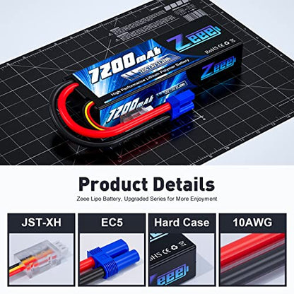 Zeee 2S Lipo Battery 7200mAh 7.4V 120C with EC5 Connector (2 Pack) | Hard Case RC Battery for RC Car Truck RC Vehicles Truggy Buggy Tank Helicopter Airplane Racing Models