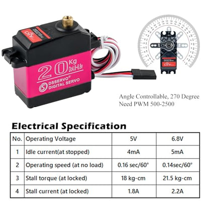 2PCS DS3218 20kg Servo 270 Degree High Torque Waterproof Servo Full Metal Gear with 25T Servo Horn 4.8-6.8V for 1/8, 1/10, 1/12 Baja RC Car Robotic Arm DIY Model - size: 2pcs 20kg 270°