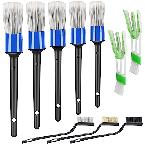 HMPLL 10pcs Car Detailing Kit, Premium Detailing Brush Set | Includes 5 Soft Car Detailing Brushes, 3 Wire Brush, 2 Air Vent Brush for Cleaning Car Interior and Exterior Detailing, Blue - color: Blue and White