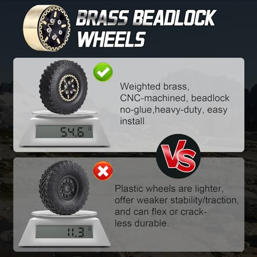 HobbyPark Brass 1.0 Beadlock Wheels and Tires for TRX4M Upgrades Axial SCX24 1/24 RC Crawler Replacement Parts, Set of 4 (Type E) - style: Type E