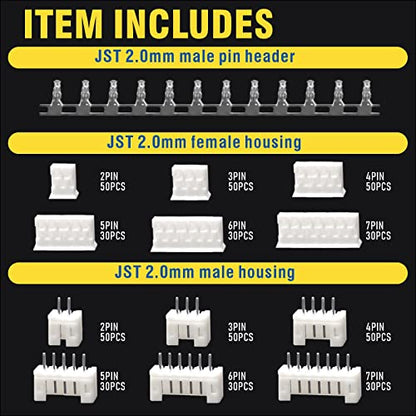 1480pcs 2.0mm Connector Kit, Compatible with JST-PH, Includes 2/3/4/5/6/7 Pin Housing Adapter Cable Connector Socket Male and and Female with Female Pin Crimping Dip - size: PH2.0 1480PCS