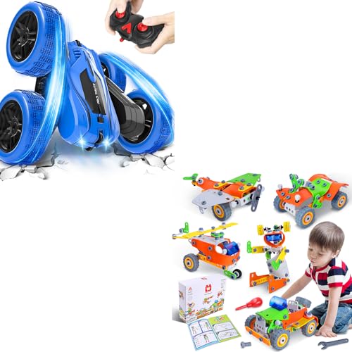 A ALPHA 4WD RC Wall Climbing Car (Double-Sided, 360° Flips, 2.4GHz) + 164 PCS STEM Educational Building Blocks | 2-in-1 Kids Toy Bundle for Boys & Girls Age 4-12 | Birthday Gifts