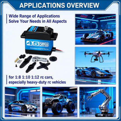 2 Packs Servo Motor 45KG High Torque Waterproof Digital Servo, 180 Degree Coreless Motor with Full Metal Gear and 25T Aluminum Arm for 1/10 Scale RC Car Truck Crawler Boat Robotic Arm DIY
