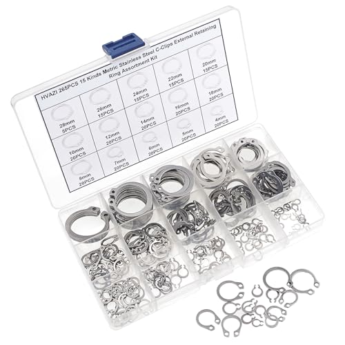 265PCS Metric 304 Stainless Steel C-Clips External Retaining Ring Kit | Nominal Diameter:4mm to 28mm