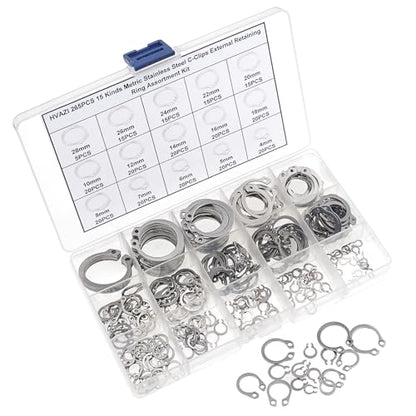 265PCS Metric 304 Stainless Steel C-Clips External Retaining Ring Kit | Nominal Diameter:4mm to 28mm
