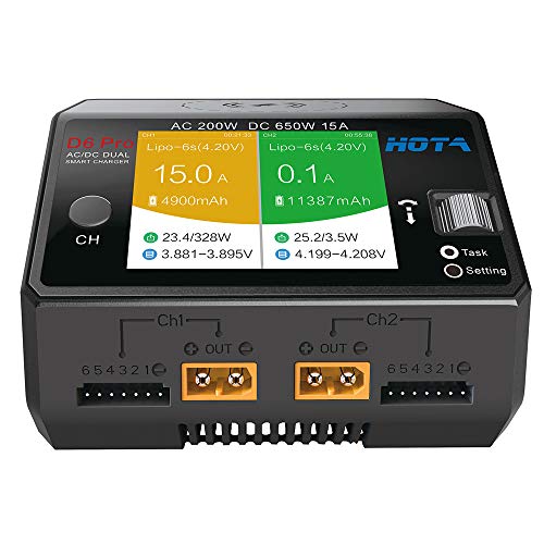 HOTA D6 Pro Lipo Balance Charger Powerful Duo Smart Charger/Discharger Dual Channel AC200W 100-240V DC650W 15A for Lipo LiIon LiHV NiMH Battery with IPS Screen(Black Color)