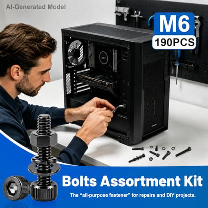 190PCS M6 Screws with Nuts Assortment Kit | M6x8/10/12/16/20/25/30/35 mm, Hex Socket Head Cap Bolts, 12.9 Alloy Steel, Black Zinc Plated, Anti-Rust, For DIY, furniture - size: G12.9 M6 190PCS