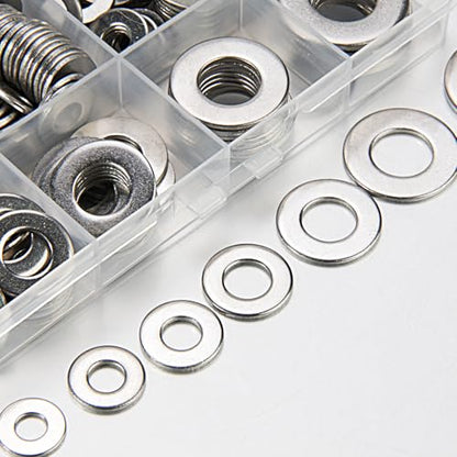Linkup 550 Pcs SAE Flat washers for Screws for Bolts 2# 4# 6# 8# 10# 12# 3/16'' 1/4'' 5/16'' 3/8'' 7/16'' 1/2'',(18-8) 304 Stainless Steel washers Assortment kit, ANSI/ASME B18.22.1 Metal Washers Set - size: SAE 550pcs set