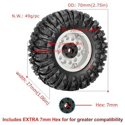 1.3” All-Terrain Tire and Wheel Set, Metal Beadlock 5mm & 7mm Hex Wheels for SCX24 TRX4M 1/12 1/14 1/18 1/24 RC Crawler Car (B, Black) - color: B, Black