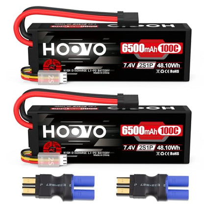 HOOVO 2S Lipo Battery 7.4V 6500mAh 100C RC Battery Pack TR Plug 2Packs | Hardcase battery with TR to EC5 Connector,for RC Car Truck Buggy Vehicles Crawler Helicopter Boat