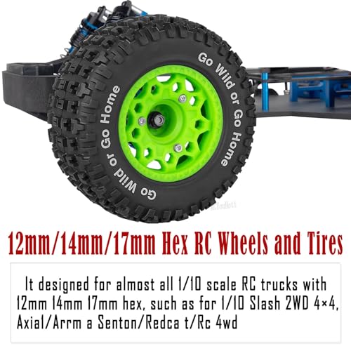 RC Truck Wheels Tires 12mm/14mm/17mm Hex for 1/10 Arrm a Senton/Slash 2WD 4WD 4×4/Axia1/Redca t/Rc4w d,w/Detachable Replace Running on Off-Road Tire RC Wheel Hex,Wheels and Tires,Green - color: Green- (Wheel Tires)