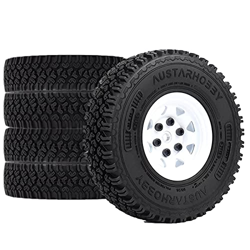 4PCS/Set 1.55 Inch Beadlock Metal Wheel Rim Rubber Tires Compatible with 1/10 RC Crawler Car Axial AX90069 D90 TF2 Tamiya CC01 LC70 (White) - color: White