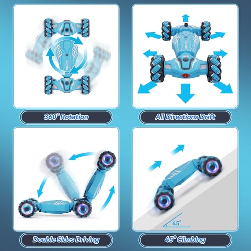 Dysaim Gesture Sensing RC Stunt Car, Cool Birthday Gifts for Boys Ages 6-12 Toys, 4WD Remote Control Car 360° Rotate Transform Drift RC Cars with Lights Music Sprayer, 2.4Ghz Hand Controlled - color: Sky Blue
