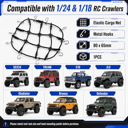 1:24 RC Roof Cargo Net with Hooks, 80x65mm Elastic Luggage Net for Axial SCX24 90081 AXI00002 AXI00001 AXI90081 C10 JLU Gladiator Bronco TRX4M 1/24 1/18 RC Crawler Scale Accessories, Black - color: Black
