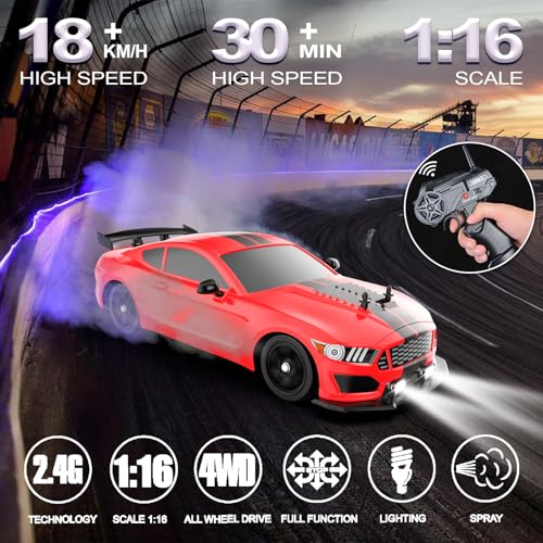 Remote Control Car RC Drift Car 1:16 Scale 4WD 18KM/H High Speed Model Vehicle 2.4GHz with LED Lights Spray Rubber Tire Racing Sport Toy for Adults Boys Girls Kids Gift 2Pcs Rechargeable Batteries - color: H-red