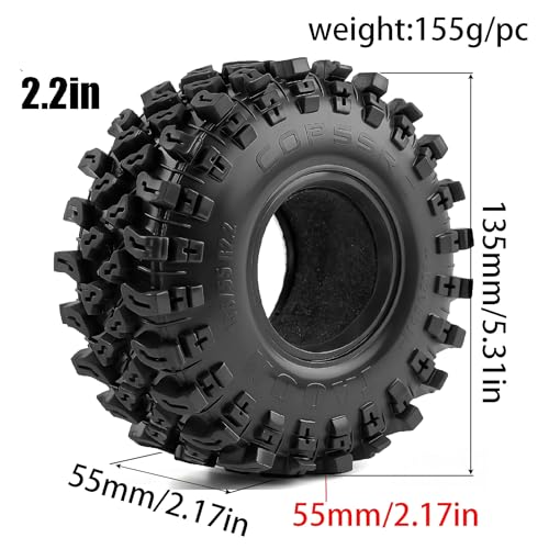 2.2 Inch RC Crawler Tires OD 5.35" 1/10 Soft Rubber Rock Mud Tyres For 1:10 Scale Crawler Car Traxxas TRX4 RC4WD D90 TF2 Axial SCX10 II Tamiya CC01 Gen8 Redcat 2.2" Beadlock Wheels 4Pcs
