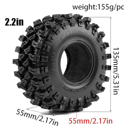 2.2 Inch RC Crawler Tires OD 5.35" 1/10 Soft Rubber Rock Mud Tyres For 1:10 Scale Crawler Car Traxxas TRX4 RC4WD D90 TF2 Axial SCX10 II Tamiya CC01 Gen8 Redcat 2.2" Beadlock Wheels 4Pcs