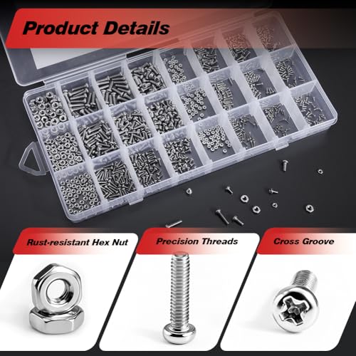 1110Pcs 304 Stainless Steel Tiny＆ Small Screws, Metric Micro Screw Nuts | M1 M1.2 M1.4 M1.6 M2 M2.5 Sizes, Phillips Pan Head, RC Models, Electronics, Watch, Glasses, and DIY Repairs.