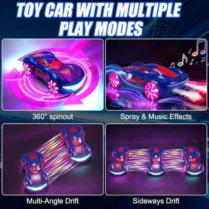 Gesture Sensing RC Stunt Car, 2.4GHz 4WD Remote Control Car for Boys 4-12 | 50 Min Play Dual Batteries, 360° Spinning Drift ,Mist Spray & LED Wheels, Birthday Gift for Kids Boys, Party Gifts, Blue-Red - color: 1-blue