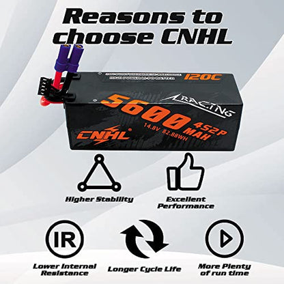 CNHL 5600mAh 4S Hard Case LiPo Battery 14.8V 120C with EC5 Plug (2 Packs) | High performance hardcase RC battery built for RC car racing, trucks, truggies, buggies, crawlers, and boat models.