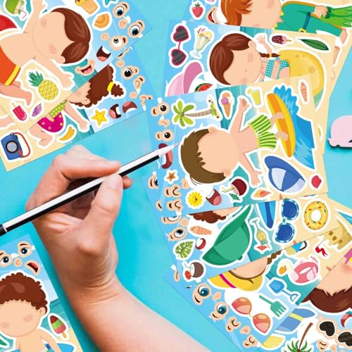 24PCS Summer Stickers for Kids, Make-a-face Stickers, Make Your Own Sticker | Ideal Summer Crafts for Girls Boys, Preschool Holiday Party, Goodie Bags Stuffers - style: 24 Sheet Summer Stickers