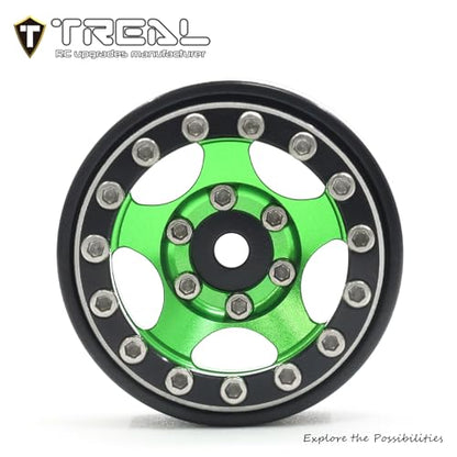 Treal 1.0 Beadlock SCX24 Wheels (4P) Classic 5-Star 1" Micro Beadlock Wheels for Axial 1/24 Deadbolt Betty C10 Gladitor Bronco 27.3g (Black-Green) - color: Black-Green