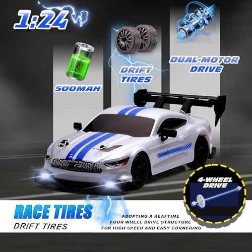 1:24 Scale RC Drift Car,4WD 2.4GHz High Speed Racing Hobby Sport Toy Car Vehicle with LED Lights,Racing and Drift Wheels for Adult Boys Girls Kids Gift (8602-White) - color: 8602-white