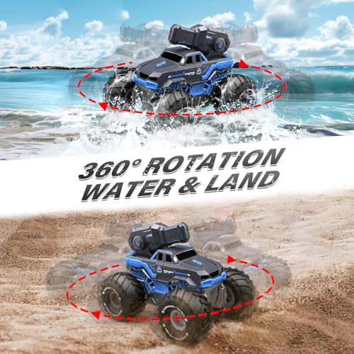 Amphibious Remote Control Car Boat Water Squirt RC Tank 2.4GHz Gesture Sensor 4WD Monster Truck Waterproof RC Car for 6 7 8 9-12 Kids Girls Boys Gift Beach Pool Water Toy With 2 Replaceable Batteries - color: Bule