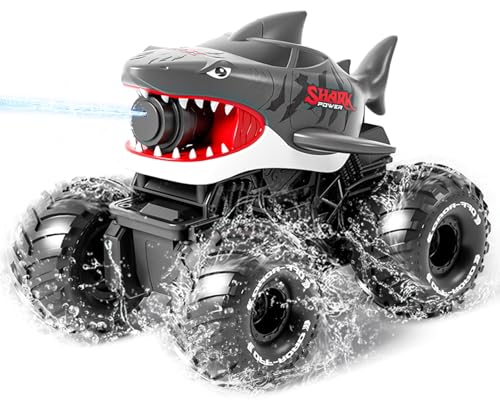 Gesture Sensing Amphibious Remote Control Gray Shark Monster Truck with Water Squirt 4WD 1:16 RC Car All-Terrain Waterproof RC Tank Pool Toy Outdoor Summer Gifts for Kids Age 6+（2 Replaceable battery) - color: Gray