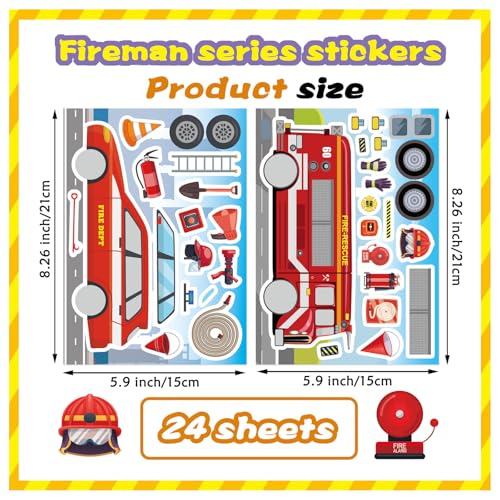 Truck Stickers, Make a face Sticker, Make Your Own Fire Truck Stickers | 24 Sheets, with 8 Designs Fire Themed Truck for Kindergarten Birthday Gift Classroom Fire Party Favors - style: Fire Truck
