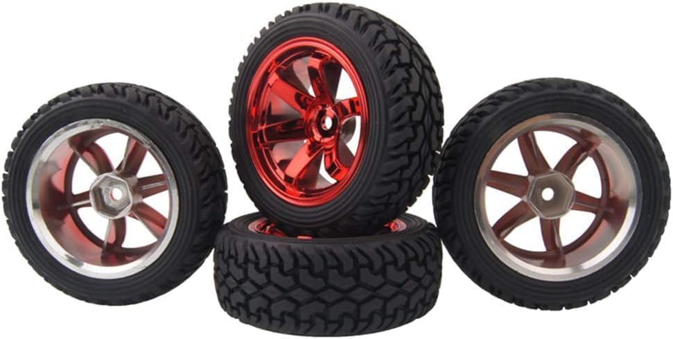 4PCS 75mm Rubber Tires and 6Spokes Plastic Wheel Rims Tyre for 1/10 RC On-Road Drift Racing Car 1:14 1:16 Rally Car for Tamiya Kyosho HPI HSP TT02 Upgrades Parts (Red) - color: Red