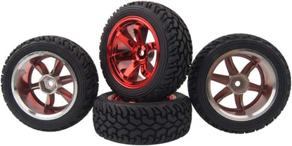 4PCS 75mm Rubber Tires and 6Spokes Plastic Wheel Rims Tyre for 1/10 RC On-Road Drift Racing Car 1:14 1:16 Rally Car for Tamiya Kyosho HPI HSP TT02 Upgrades Parts (Red) - color: Red
