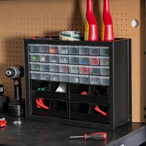 IRIS USA 32-Drawer Organizer with 4 Bins and Dividers, Garage Tool, Black | Wall mountable, Stackable, Hardware, Electronics, Teacher Toolbox, Small Parts, Nuts & Bolts, Screws - color: Black, size: 32 Drawer + 4 Bins
