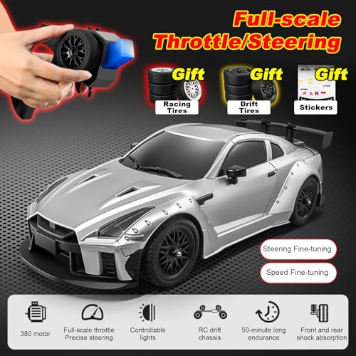 MN-268 RC Drift Car, 1:16 Scale High Speed 20 KPH Racing Drift Car with Gyro, LED Lights and Drift Tires, 2.4G Hobby RC Cars Gift for Adults and Teens (Silver) - color: Silver, size: 1 Battery