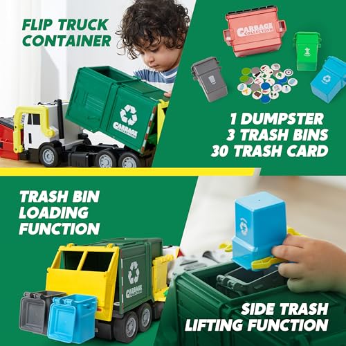 JOYIN Large Friction Powered Garbage Truck Toy Set, Includes 1 Dumpster, 3 Trash Bins, and 30 Learning Cards for Kids, Boy Toys Birthday Gift, Green - color: Green