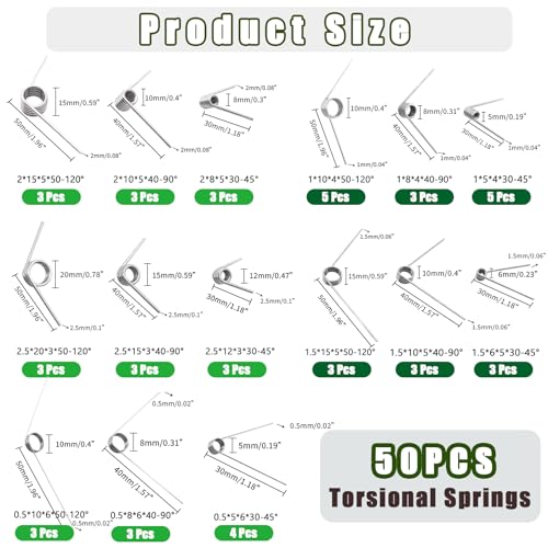 50Pcs Torsional Springs Assortment Kit 15 Sizes 304 Stainless Steel,45/90/120 Degree for Home Repairs & DIY Springs Assortment